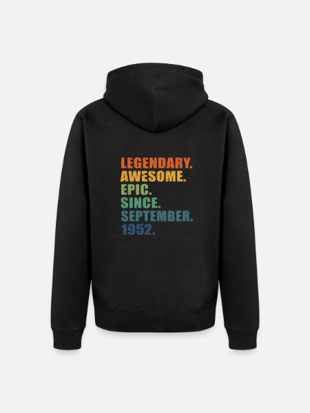 70th Birthday, September 1952, 70 Year Anniversary - Unisex Premium Organic Zip Hoodie - black