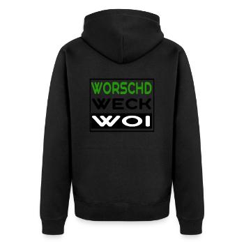 Worschd Weck Woi Wurst Brötchen Wein Pfalzshirt - Unisex Premium Bio Zip Hoodie - Schwarz - Hinten - Nico (187cm)