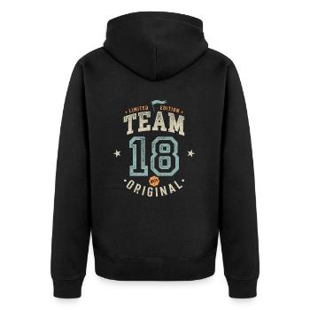 Team 18 - 100% Original / Limited Edition - Unisex Premium Bio Zip Hoodie - Schwarz - Hinten - Nico (187cm)