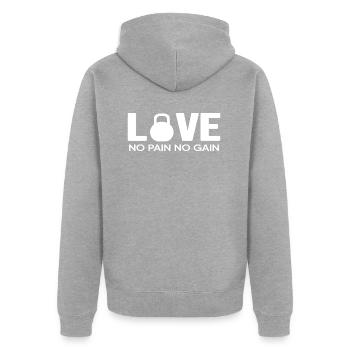 Gymnase Calisthenics « Pain-Gain » Fitness Musculaire - Veste à capuche bio Premium Unisexe - gris chiné - Dos - Nico (187cm)