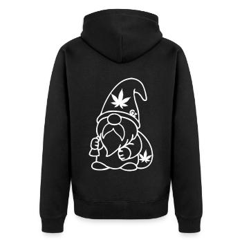 Zwerg/Wichtel mit Cannabissack auf dem Rücken - Unisex Premium Bio Zip Hoodie - Schwarz - Hinten - Nico (187cm)