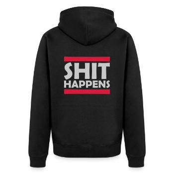 Shit happens Spaß Spruch - Unisex Premium Bio Zip Hoodie - Schwarz - Hinten - Nico (187cm)