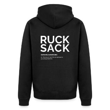 Rucksack Definition - Unisex Premium Bio Zip Hoodie - Schwarz - Hinten - Nico (187cm)