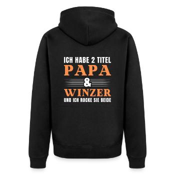 Ich habe 2 Titel Papa und Winzer - Unisex Premium Bio Zip Hoodie - Schwarz - Hinten - Nico (187cm)