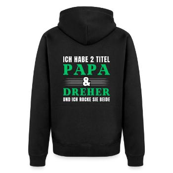Ich habe 2 Titel Papa und Dreher - Unisex Premium Bio Zip Hoodie - Schwarz - Hinten - Nico (187cm)