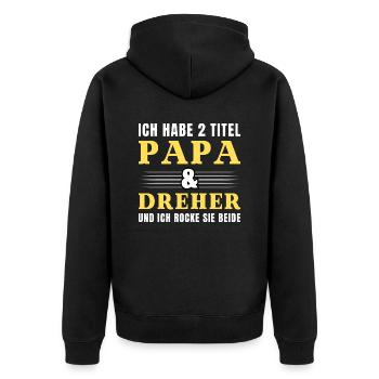 Ich habe 2 Titel Papa und Dreher - Unisex Premium Bio Zip Hoodie - Schwarz - Hinten - Nico (187cm)