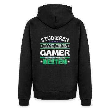 Studieren kann jeder Gamer sind die Besten - Unisex Premium Bio Zip Hoodie - Schwarz - Hinten - Nico (187cm)
