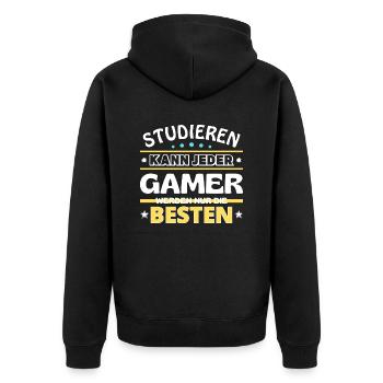 Studieren kann jeder Gamer sind die Besten - Unisex Premium Bio Zip Hoodie - Schwarz - Hinten - Nico (187cm)