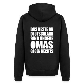 beste an deutschland sind unsere omas gegen rechts - Unisex Premium Bio Zip Hoodie - Schwarz - Hinten - Nico (187cm)