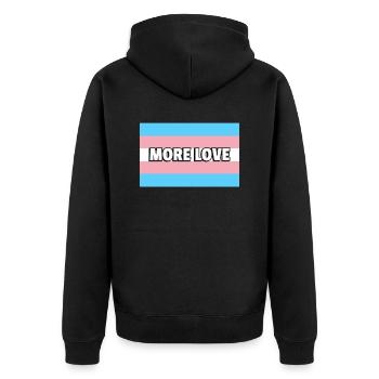Trans Pride MEHR LIEBE - Unisex Premium Bio Zip Hoodie - Schwarz - Hinten - Nico (187cm)