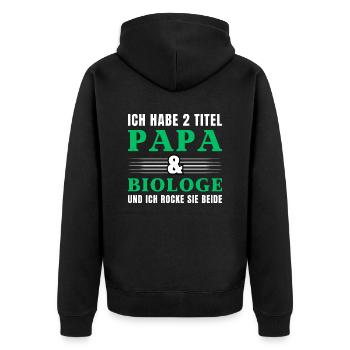 Ich habe 2 Titel Papa und Biologe - Unisex Premium Bio Zip Hoodie - Schwarz - Hinten - Nico (187cm)