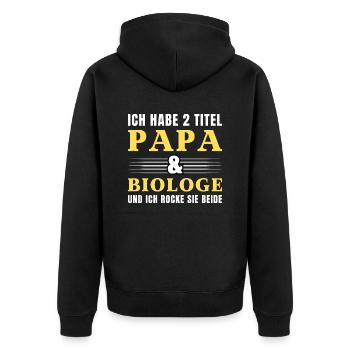 Ich habe 2 Titel Papa und Biologe - Unisex Premium Bio Zip Hoodie - Schwarz - Hinten - Nico (187cm)