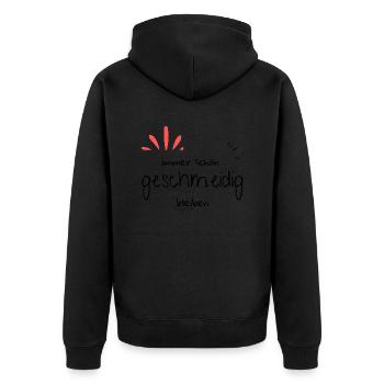 immer schön geschmeidig bleiben, Sprüche. Geschenk - Unisex Premium Bio Zip Hoodie - Schwarz - Hinten - Nico (187cm)