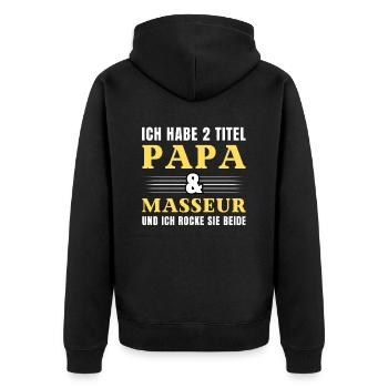 Ich habe 2 Titel Papa und Masseur - Unisex Premium Bio Zip Hoodie - Schwarz - Hinten - Nico (187cm)