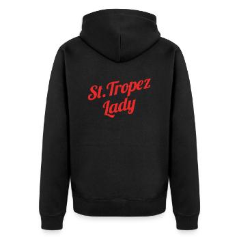 St. Tropez Lady - Unisex Premium Bio Zip Hoodie - Schwarz - Hinten - Nico (187cm)