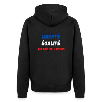 Liberté égalité affaire de papiers - Veste à capuche bio Premium Unisexe - noir - Dos - Nico (187cm)