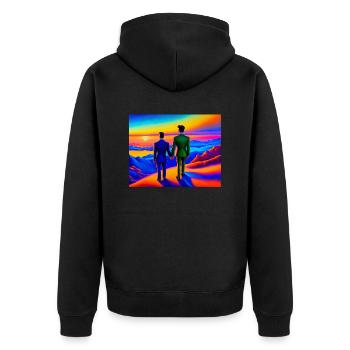 Liebespaar auf farbenfrohem Berg - Unisex Premium Bio Zip Hoodie - Schwarz - Hinten - Nico (187cm)