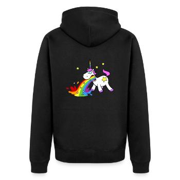 Cartoon Einhorn beim Kotzen von bunten Regenbogen - Unisex Premium Bio Zip Hoodie - Schwarz - Hinten - Nico (187cm)