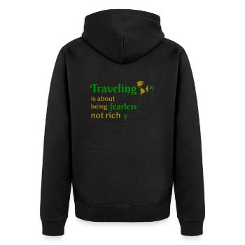 Reisen travel mutig reich geld Reiselust Urlaub - Unisex Premium Bio Zip Hoodie - Schwarz - Hinten - Nico (187cm)