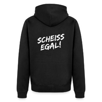 "Scheiss Egal!" - Weiße Pinselschrift - Unisex Premium Bio Zip Hoodie - Schwarz - Hinten - Nico (187cm)