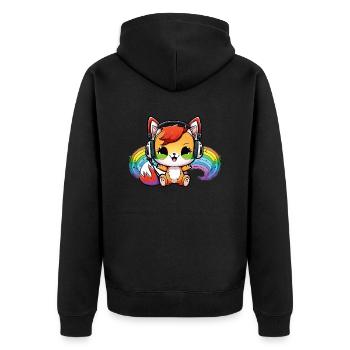 Kawaii Niedlicher fröhlicher bunter Fuchs mit Kopfhörern - Unisex Premium Bio Zip Hoodie - Schwarz - Hinten - Nico (187cm)
