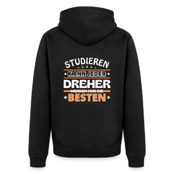 Studieren kann jeder Dreher sind die Besten - Unisex Premium Bio Zip Hoodie - Schwarz - Hinten - Nico (187cm)