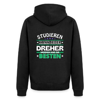 Studieren kann jeder Dreher sind die Besten - Unisex Premium Bio Zip Hoodie - Schwarz - Hinten - Nico (187cm)