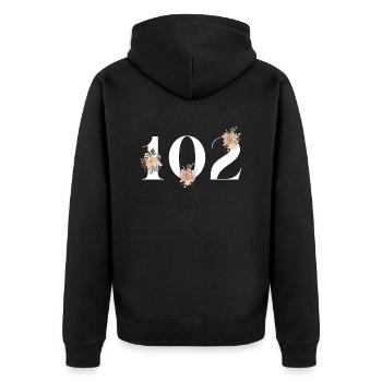102e anniversaire fleuris (Cadeau de 102 ans) - Veste à capuche bio Premium Unisexe - noir - Dos - Nico (187cm)