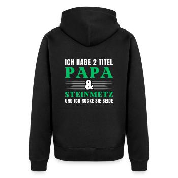 Ich habe 2 Titel Papa und Steinmetz - Unisex Premium Bio Zip Hoodie - Schwarz - Hinten - Nico (187cm)