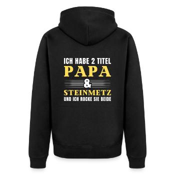 Ich habe 2 Titel Papa und Steinmetz - Unisex Premium Bio Zip Hoodie - Schwarz - Hinten - Nico (187cm)