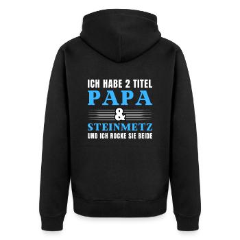 Ich habe 2 Titel Papa und Steinmetz - Unisex Premium Bio Zip Hoodie - Schwarz - Hinten - Nico (187cm)
