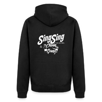 SingSing & The Chain Gang - weiss - Unisex Premium Bio Zip Hoodie - Schwarz - Hinten - Nico (187cm)