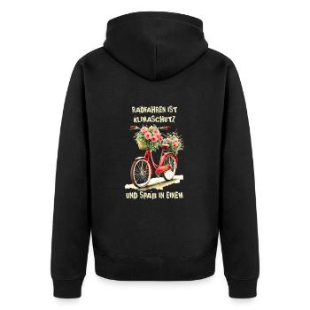 Radfahren ist Klimaschutz und Spaß in einem - Unisex Premium Bio Zip Hoodie - Schwarz - Hinten - Nico (187cm)