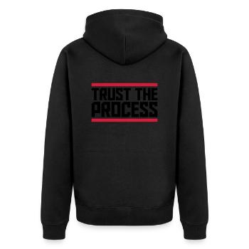 trust the process Zitat - Unisex Premium Bio Zip Hoodie - Schwarz - Hinten - Nico (187cm)
