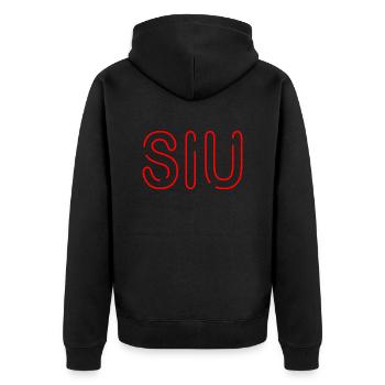 Jugendwort - Siu - dünne Neonschrift in rot - Unisex Premium Bio Zip Hoodie - Schwarz - Hinten - Nico (187cm)