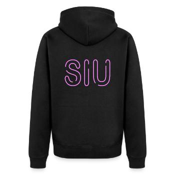 Jugendwort - Siu - dünne Neonschrift in rosa - Unisex Premium Bio Zip Hoodie - Schwarz - Hinten - Nico (187cm)