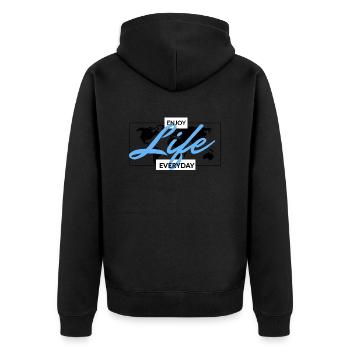 I love clothes / Enjoy Life - Unisex Premium Bio Zip Hoodie - Schwarz - Hinten - Nico (187cm)