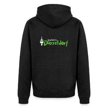 Verliebt in Düsseldorf | Düsseldorf Mitbringsel - Unisex Premium Bio Zip Hoodie - Schwarz - Hinten - Nico (187cm)