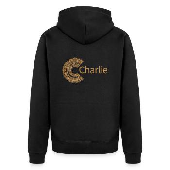 Für Charlie - Unisex Premium Bio Zip Hoodie - Schwarz - Hinten - Nico (187cm)