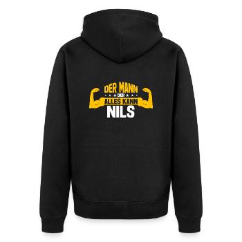 Nils Der Mann Der Alles Kann Vorname Nils - Unisex Premium Bio Zip Hoodie - Schwarz - Hinten - Nico (187cm)
