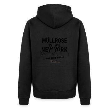 Müllrose ist wie New York - Unisex Premium Bio Zip Hoodie - Schwarz - Hinten - Nico (187cm)