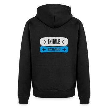 inhale exhale yoga Zitat - Unisex Premium Bio Zip Hoodie - Schwarz - Hinten - Nico (187cm)