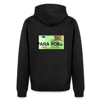 Para yok - das Piece für Pleitegeier - Unisex Premium Bio Zip Hoodie - Schwarz - Hinten - Nico (187cm)