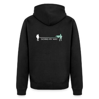 bergwandern "hike" servus alpin "Wanderheld" - Unisex Premium Bio Zip Hoodie - Schwarz - Hinten - Nico (187cm)