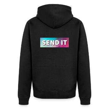 SEND IT Boxlogo - Unisex Premium Bio Zip Hoodie - Schwarz - Hinten - Nico (187cm)
