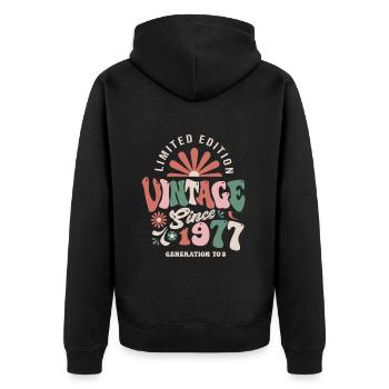 1977 Anniversaire 1977 vintage - Veste à capuche bio Premium Unisexe - noir - Dos - Nico (187cm)