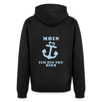 Moin bin neu hier Anker Baby Geburt Spruch - Unisex Premium Bio Zip Hoodie - Schwarz - Hinten - Nico (187cm)