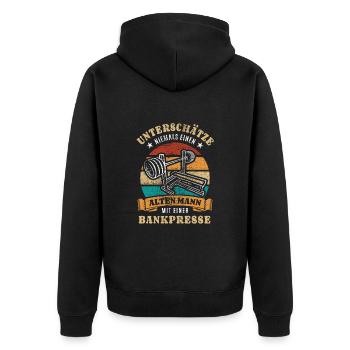 Unterschätze nie einen alten Mann mit Bankpresse - Unisex Premium Bio Zip Hoodie - Schwarz - Hinten - Nico (187cm)