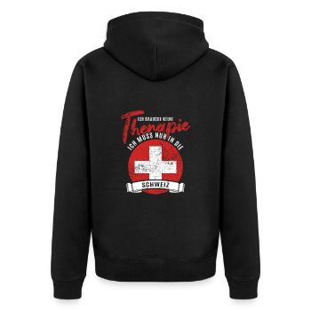 Ich brauche keine Therapie ich muss in die Schweiz - Unisex Premium Bio Zip Hoodie - Schwarz - Hinten - Nico (187cm)