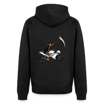 Sensenmann steigt um auf´s Motorrad - Unisex Premium Bio Zip Hoodie - Schwarz - Hinten - Nico (187cm)